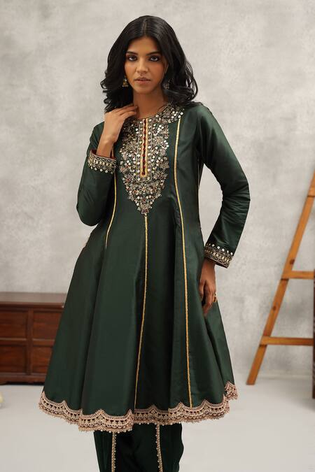 Kapda Dori Green Silk, Net, Crepe Cut Work, Beads, Floral Embroidered Anarkali Dhoti Set Online at Aza Fashions Kapda Dori_Green Silk, Net, Crepe Cut Work, Beads, Floral Embroidered Anarkali Dhoti Set _Online_at_Aza_Fashions