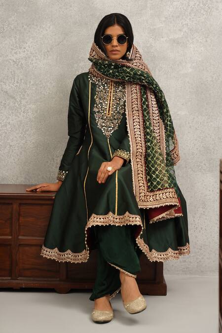 Shop Kapda Dori Green Silk, Net, Crepe Cut Work, Beads, Floral Embroidered Anarkali Dhoti Set Online at Aza Fashions Shop_Kapda Dori_Green Silk, Net, Crepe Cut Work, Beads, Floral Embroidered Anarkali Dhoti Set _Online_at_Aza_Fashions