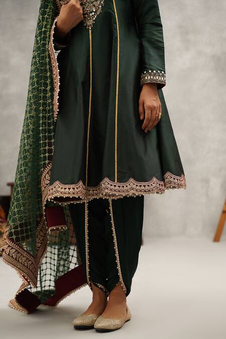 Kapda Dori Green Silk, Net, Crepe Cut Work, Beads, Floral Embroidered Anarkali Dhoti Set at Aza Fashions Kapda Dori_Green Silk, Net, Crepe Cut Work, Beads, Floral Embroidered Anarkali Dhoti Set _at_Aza_Fashions