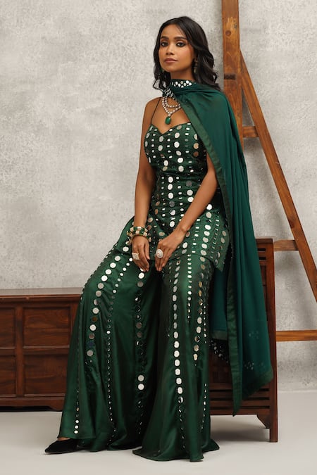 Buy Kapda Dori Green Silk, Georgette Mirrors, Embroidery Sweetheart And Resham Kurta Sharara Set Online at Aza Fashions Buy_Kapda Dori_Green Silk, Georgette Mirrors, Embroidery Sweetheart And Resham Kurta Sharara Set _Online_at_Aza_Fashions