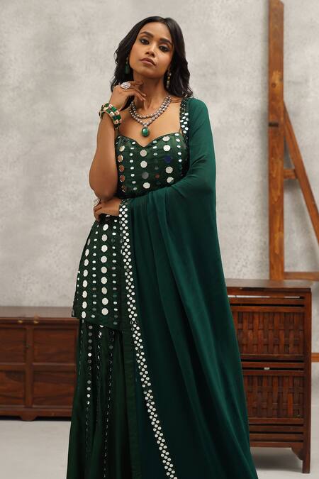 Shop Kapda Dori Green Silk, Georgette Mirrors, Embroidery Sweetheart And Resham Kurta Sharara Set Online at Aza Fashions Shop_Kapda Dori_Green Silk, Georgette Mirrors, Embroidery Sweetheart And Resham Kurta Sharara Set _Online_at_Aza_Fashions
