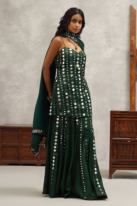 Kapda Dori Green Silk, Georgette Mirrors, Embroidery Sweetheart And Resham Kurta Sharara Set at Aza Fashions Kapda Dori_Green Silk, Georgette Mirrors, Embroidery Sweetheart And Resham Kurta Sharara Set _at_Aza_Fashions