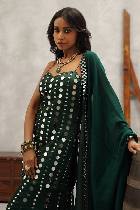 Buy Kapda Dori Green Silk, Georgette Mirrors, Embroidery Sweetheart And Resham Kurta Sharara Set Buy_Kapda Dori_Green Silk, Georgette Mirrors, Embroidery Sweetheart And Resham Kurta Sharara Set