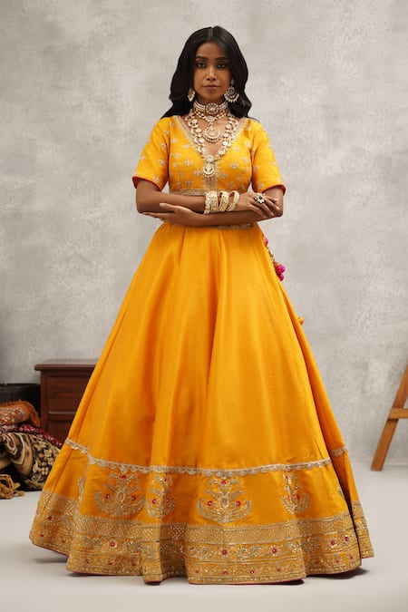 Kapda Dori_Yellow Silk, Georgette Gota Patti, Sequins, Zari, Embroidered Lehenga Set _Online_at_Aza_Fashions