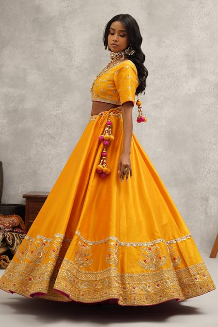 Buy_Kapda Dori_Yellow Silk, Georgette Gota Patti, Sequins, Zari, Embroidered Lehenga Set _Online_at_Aza_Fashions