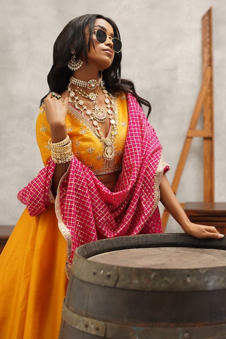 Shop_Kapda Dori_Yellow Silk, Georgette Gota Patti, Sequins, Zari, Embroidered Lehenga Set _Online_at_Aza_Fashions