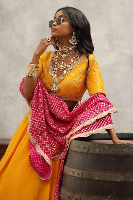 Kapda Dori_Yellow Silk, Georgette Gota Patti, Sequins, Zari, Embroidered Lehenga Set _at_Aza_Fashions