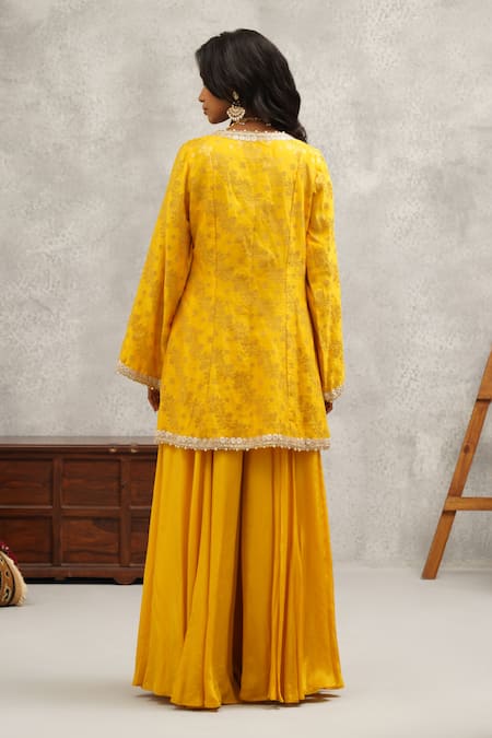 Shop Kapda Dori Yellow Brocade, Chanderi, Crepe Stones, Lace Banarasi Jacket Sharara Set at Aza Fashions Shop_Kapda Dori_Yellow Brocade, Chanderi, Crepe Stones, Lace Banarasi Jacket Sharara Set _at_Aza_Fashions