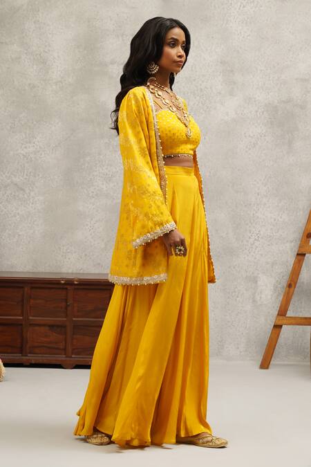 Kapda Dori Yellow Brocade, Chanderi, Crepe Stones, Lace Banarasi Jacket Sharara Set Online at Aza Fashions Kapda Dori_Yellow Brocade, Chanderi, Crepe Stones, Lace Banarasi Jacket Sharara Set _Online_at_Aza_Fashions