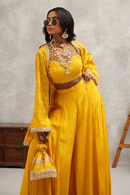 Shop Kapda Dori Yellow Brocade, Chanderi, Crepe Stones, Lace Banarasi Jacket Sharara Set Online at Aza Fashions Shop_Kapda Dori_Yellow Brocade, Chanderi, Crepe Stones, Lace Banarasi Jacket Sharara Set _Online_at_Aza_Fashions