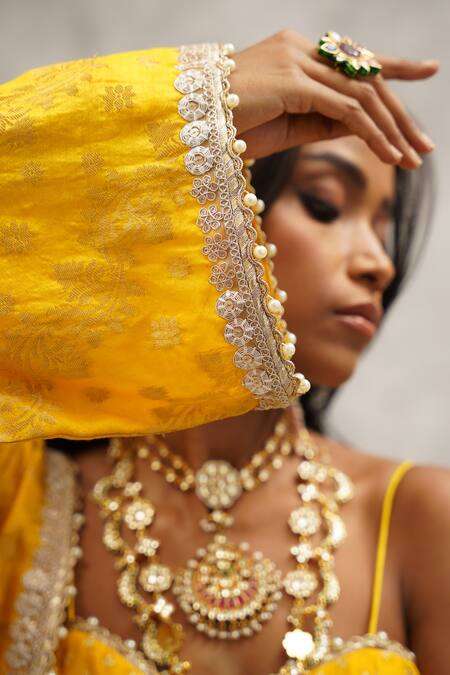 Kapda Dori Yellow Brocade, Chanderi, Crepe Stones, Lace Banarasi Jacket Sharara Set at Aza Fashions Kapda Dori_Yellow Brocade, Chanderi, Crepe Stones, Lace Banarasi Jacket Sharara Set _at_Aza_Fashions