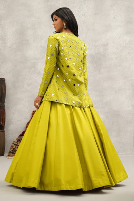 Shop_Kapda Dori_Green Silk, Linen Mirrors, Embroidery Sweetheart And Resham Jacket Lehenga Set _at_Aza_Fashions