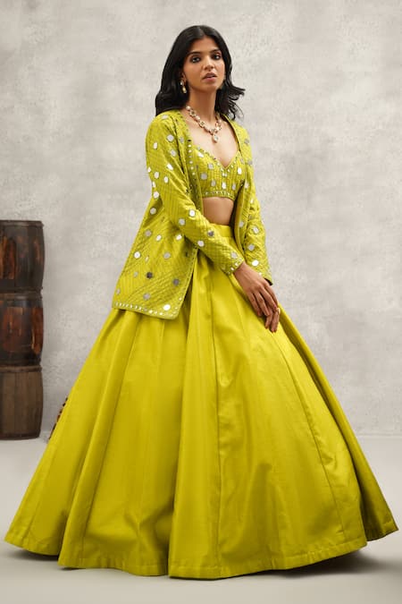 Kapda Dori_Green Silk, Linen Mirrors, Embroidery Sweetheart And Resham Jacket Lehenga Set _Online_at_Aza_Fashions