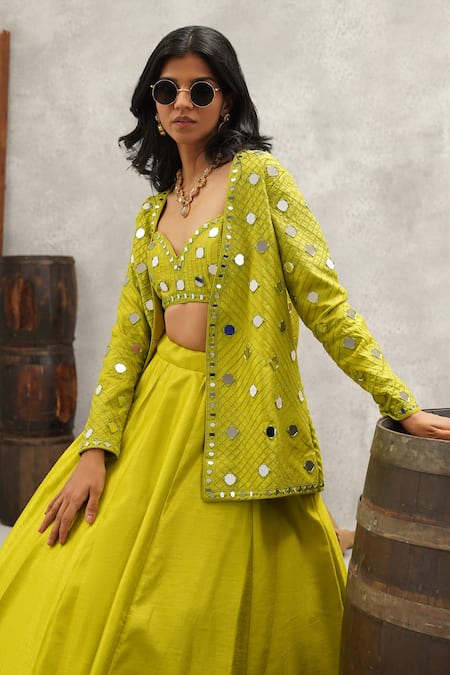 Shop_Kapda Dori_Green Silk, Linen Mirrors, Embroidery Sweetheart And Resham Jacket Lehenga Set _Online_at_Aza_Fashions