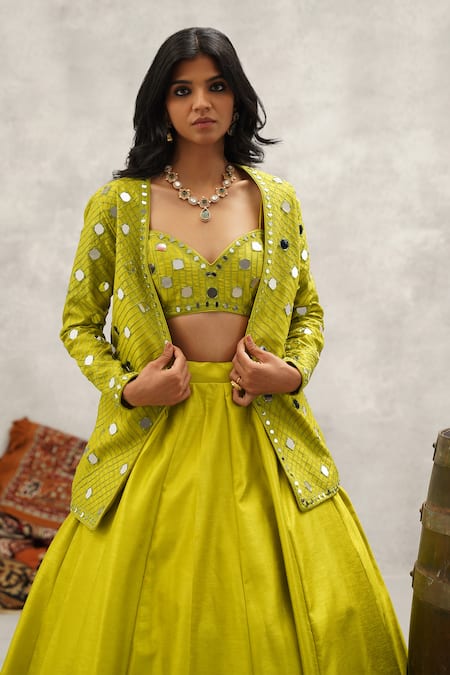Kapda Dori_Green Silk, Linen Mirrors, Embroidery Sweetheart And Resham Jacket Lehenga Set _at_Aza_Fashions
