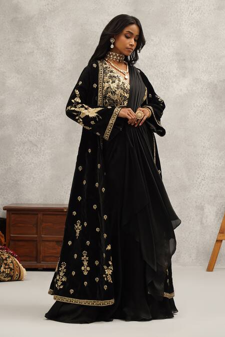 Buy_Kapda Dori_Black Silk, Velvet, Satin Cut Embroidered Blouse And Jacket Pre-draped Saree Set _Online_at_Aza_Fashions
