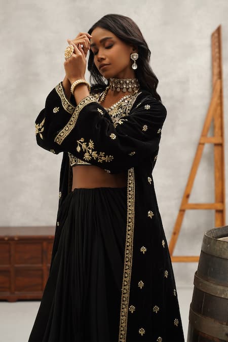 Shop_Kapda Dori_Black Silk, Velvet, Satin Cut Embroidered Blouse And Jacket Pre-draped Saree Set _Online_at_Aza_Fashions