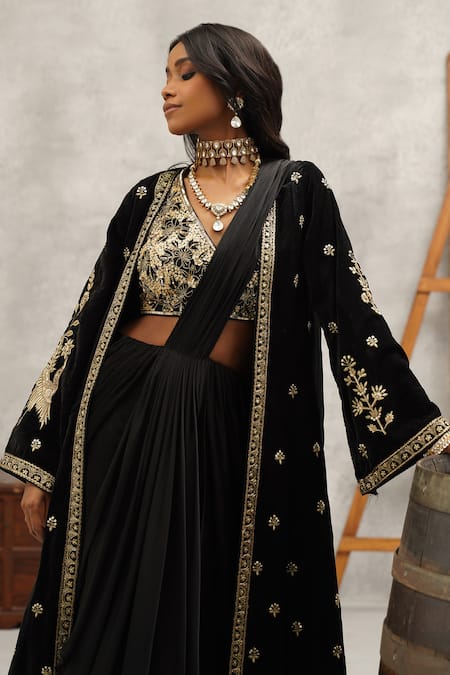 Kapda Dori_Black Silk, Velvet, Satin Cut Embroidered Blouse And Jacket Pre-draped Saree Set _at_Aza_Fashions