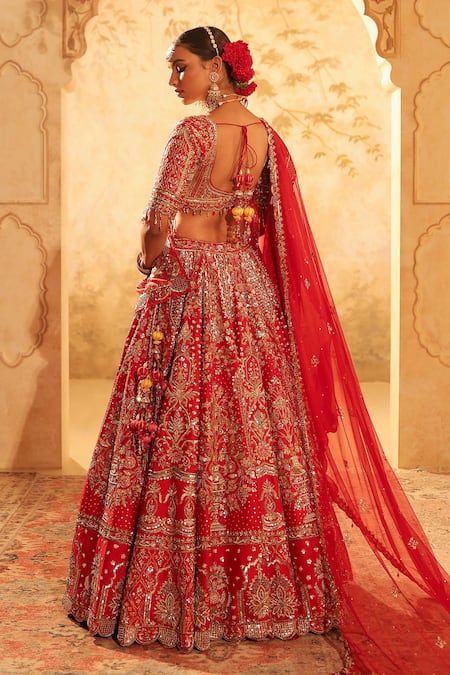 Kapda Dori Red Pure Silk Embroidered Bridal Lehenga Set 