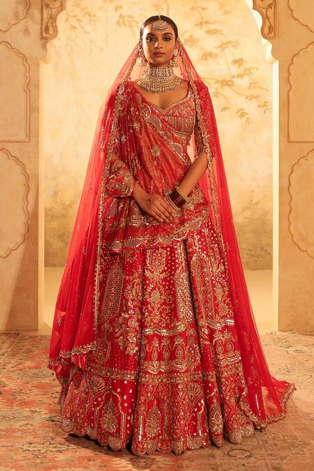 Buy Kapda Dori Red Silk, Crepe, Net, Organza Crystals, Pearls, Cut Pure Bridal Lehenga Set Online at Aza Fashions Buy_Kapda Dori_Red Silk, Crepe, Net, Organza Crystals, Pearls, Cut Pure Bridal Lehenga Set _Online_at_Aza_Fashions