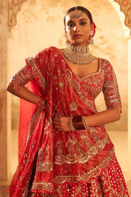 Shop Kapda Dori Red Silk, Crepe, Net, Organza Crystals, Pearls, Cut Pure Bridal Lehenga Set Online at Aza Fashions Shop_Kapda Dori_Red Silk, Crepe, Net, Organza Crystals, Pearls, Cut Pure Bridal Lehenga Set _Online_at_Aza_Fashions