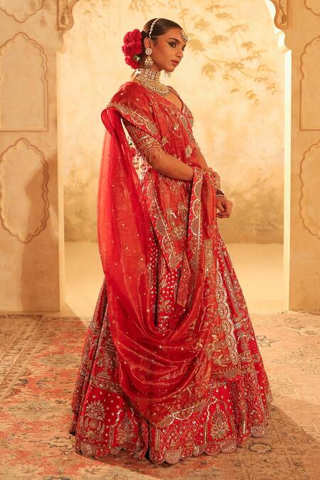 Kapda Dori Red Silk, Crepe, Net, Organza Crystals, Pearls, Cut Pure Bridal Lehenga Set at Aza Fashions Kapda Dori_Red Silk, Crepe, Net, Organza Crystals, Pearls, Cut Pure Bridal Lehenga Set _at_Aza_Fashions