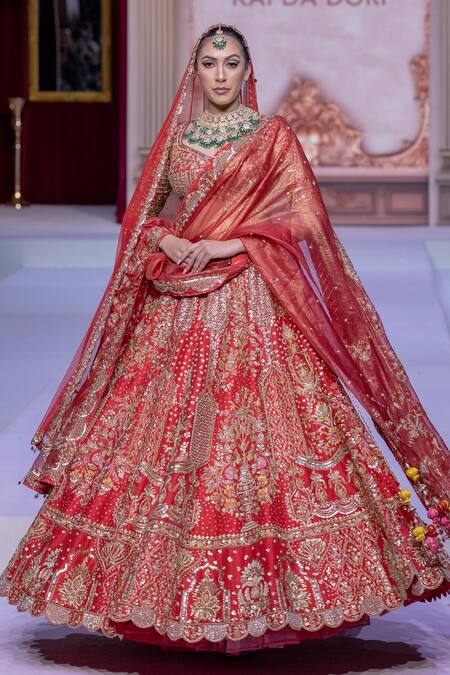 Buy Kapda Dori Red Silk, Crepe, Net, Organza Crystals, Pearls, Cut Pure Bridal Lehenga Set Buy_Kapda Dori_Red Silk, Crepe, Net, Organza Crystals, Pearls, Cut Pure Bridal Lehenga Set