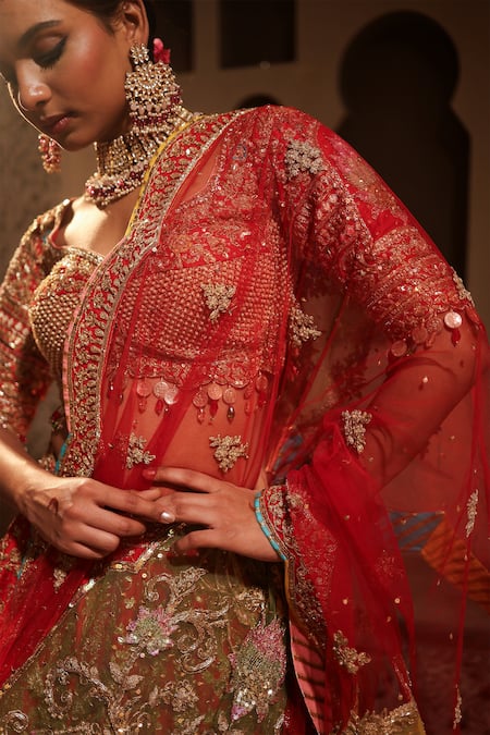 Buy Kapda Dori Red Silk, Net, Crepe Metallic Thread, Embroidery, Sequins, Bridal Lehenga Set Online at Aza Fashions Buy_Kapda Dori_Red Silk, Net, Crepe Metallic Thread, Embroidery, Sequins, Bridal Lehenga Set _Online_at_Aza_Fashions