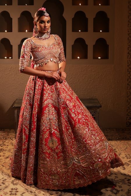 Shop Kapda Dori Red Silk, Net, Crepe Metallic Thread, Embroidery, Sequins, Bridal Lehenga Set Online at Aza Fashions Shop_Kapda Dori_Red Silk, Net, Crepe Metallic Thread, Embroidery, Sequins, Bridal Lehenga Set _Online_at_Aza_Fashions
