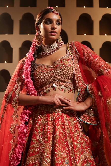 Shop Kapda Dori Red Silk, Net, Crepe Metallic Thread, Embroidery, Sequins, Bridal Lehenga Set Shop_Kapda Dori_Red Silk, Net, Crepe Metallic Thread, Embroidery, Sequins, Bridal Lehenga Set