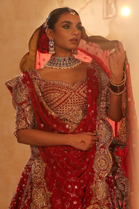 Buy_Kapda Dori_Maroon Silk, Net, Crepe Pearls, Sequins, Crystals, Beads, Lehenga Set _Online_at_Aza_Fashions