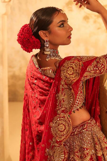 Shop_Kapda Dori_Maroon Silk, Net, Crepe Pearls, Sequins, Crystals, Beads, Lehenga Set _Online_at_Aza_Fashions
