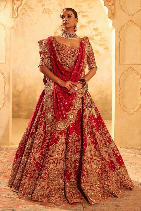 Buy_Kapda Dori_Maroon Silk, Net, Crepe Pearls, Sequins, Crystals, Beads, Lehenga Set 