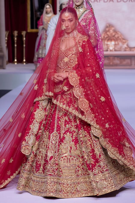 Shop_Kapda Dori_Maroon Silk, Net, Crepe Pearls, Sequins, Crystals, Beads, Lehenga Set 