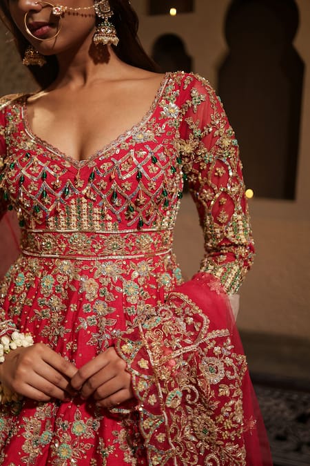 Buy_Kapda Dori_Fuchsia Silk, Net, Crepe, Brocade Pearls, Embroidered Anarkali Lehenga Set _Online_at_Aza_Fashions