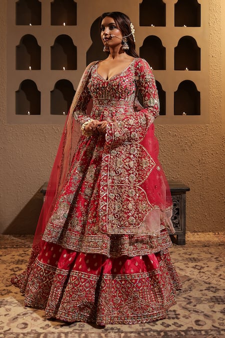 Shop_Kapda Dori_Fuchsia Silk, Net, Crepe, Brocade Pearls, Embroidered Anarkali Lehenga Set _Online_at_Aza_Fashions