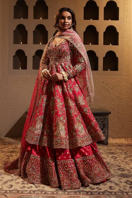 Kapda Dori_Fuchsia Silk, Net, Crepe, Brocade Pearls, Embroidered Anarkali Lehenga Set _at_Aza_Fashions