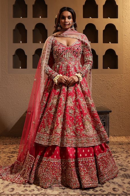 Shop_Kapda Dori_Fuchsia Silk, Net, Crepe, Brocade Pearls, Embroidered Anarkali Lehenga Set 