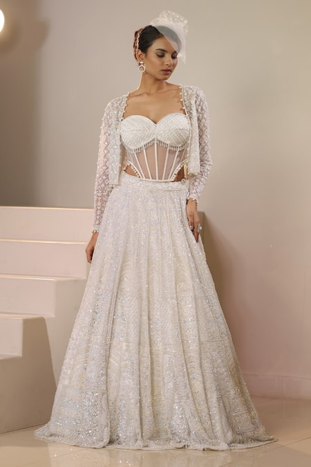 Buy_Kapda Dori_White Net, Crepe Pearls, Sequins, Tassels, Embroidered Lehenga Set With Jacket _Online_at_Aza_Fashions