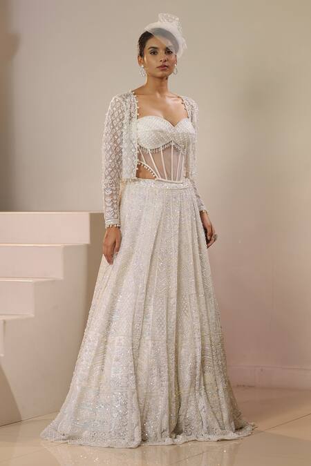Shop_Kapda Dori_White Net, Crepe Pearls, Sequins, Tassels, Embroidered Lehenga Set With Jacket _Online_at_Aza_Fashions