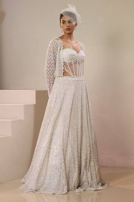 Kapda Dori_White Net, Crepe Pearls, Sequins, Tassels, Embroidered Lehenga Set With Jacket _at_Aza_Fashions