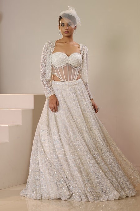 Buy_Kapda Dori_White Net, Crepe Pearls, Sequins, Tassels, Embroidered Lehenga Set With Jacket 