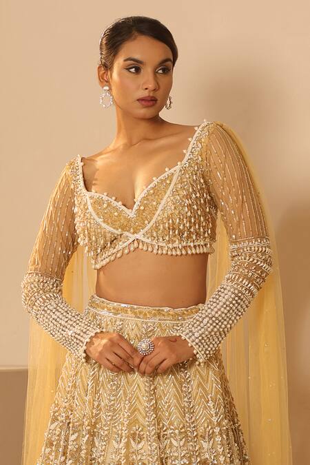 Buy_Kapda Dori_Gold Net, Crepe Sequins, Pearls, Crystals, Cut Work, Embroidered Lehenga Set _Online_at_Aza_Fashions