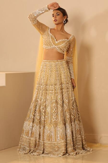 Shop_Kapda Dori_Gold Net, Crepe Sequins, Pearls, Crystals, Cut Work, Embroidered Lehenga Set _Online_at_Aza_Fashions