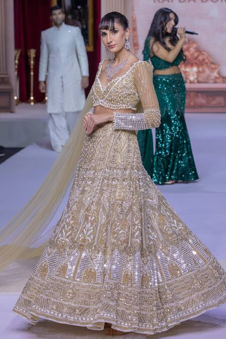 Shop_Kapda Dori_Gold Net, Crepe Sequins, Pearls, Crystals, Cut Work, Embroidered Lehenga Set 