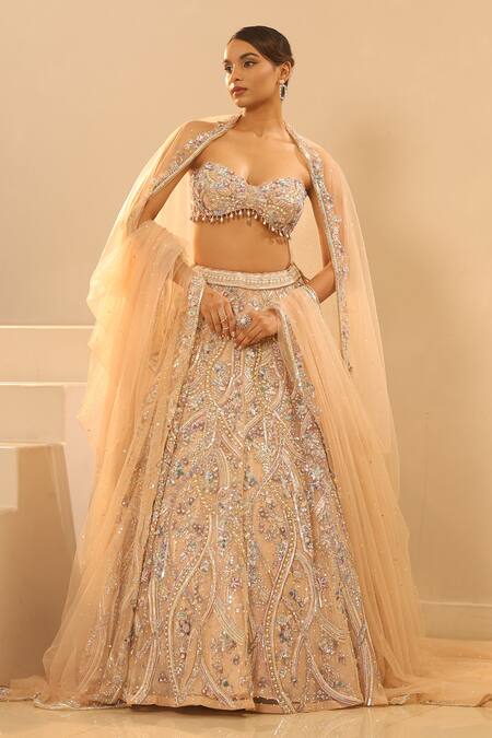 Buy_Kapda Dori_Beige Net, Crepe, Tissue Sequins, Crystals, Cut Work, Embroidered Lehenga Set _Online_at_Aza_Fashions