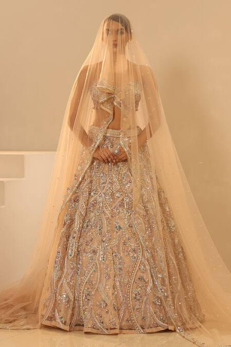 Shop_Kapda Dori_Beige Net, Crepe, Tissue Sequins, Crystals, Cut Work, Embroidered Lehenga Set 