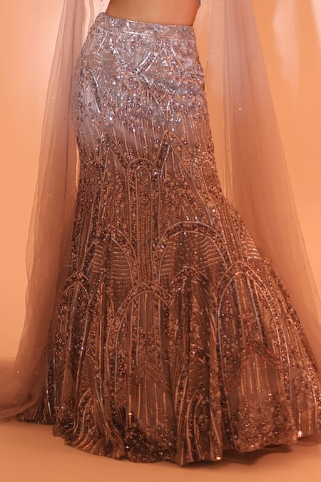 Shop_Kapda Dori_Silver Net, Crepe Crystals, Cut Work, Beads, Embroidered Fish Lehenga Set _Online_at_Aza_Fashions