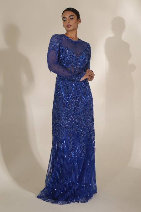 Shop_Kapda Dori_Blue Net, Lace Sequins, Crystals, Cut Work, Embroidered Gown And Trail Skirt _Online_at_Aza_Fashions