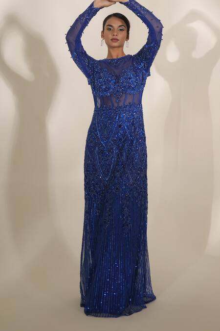 Kapda Dori_Blue Net, Lace Sequins, Crystals, Cut Work, Embroidered Gown And Trail Skirt _at_Aza_Fashions